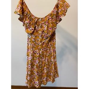 yellow floral off the shoulder dress